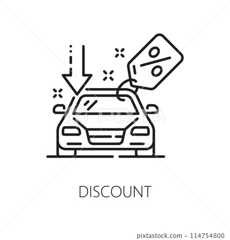 Car company, auto dealer, dealership discount line icon. Car sale dealer, automobile buy shop or auto search center thin line vector icon. Used vehicle dealership linear sign with price drop tag 114754800