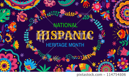 National hispanic heritage month festival or carnival banner in vector frame of hispanic american floral pattern. Cartoon tropical flowers and plants with bright color ornaments festive poster 114754806