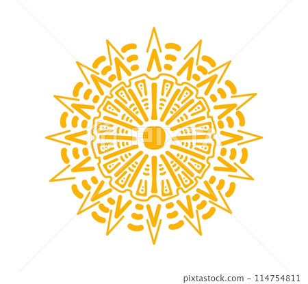 Sun Mayan Aztec totem. Isolated vector yellow ornate circle represents power, life or divinity, embodying solar energy, significance in ancient Mesoamerican culture, religious and cosmological beliefs Sun Mayan Aztec totem. Isolated vector yellow ornate circle represents power, life or divinity, embodying solar energy, significance in ancient Mesoamerican culture, religious and cosmological beliefs 114754811