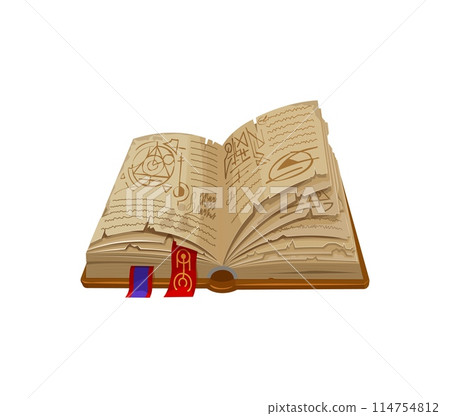 Game book, isolated cartoon vector fantasy witchcraft or wicca grimoire. Opened magic tome with rugged pages, bookmarks and pages adorned with ancient symbols and spells, inviting alchemy exploration 114754812