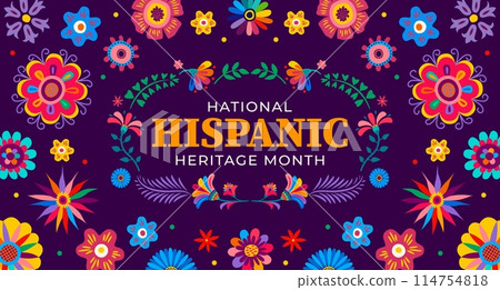Tropical flowers background for national Hispanic heritage month, vector banner with floral pattern ornament. Latin Americans Hispanic heritage month holiday or festival of tradition and ethnic art 114754818
