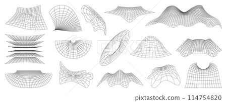 Wireframe grid mesh or futuristic net in 3D perspective, vector geometric shapes. Wireframe elements of distorted terrain with wave line wire warp, retrowave cyber gravity net with grid mesh pattern Wireframe grid mesh or futuristic net in 3D perspective, vector geometric shapes. Wireframe elements of distorted terrain with wave line wire warp, retrowave cyber gravity net with grid mesh pattern 114754820