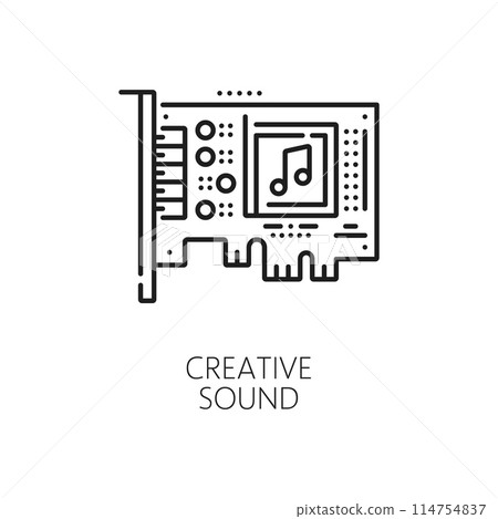 Electronics hardware, computer software, app development industry thin line icon. Computer software testing, server hardware service or repair linear vector pictogram with PC computer audio card 114754837