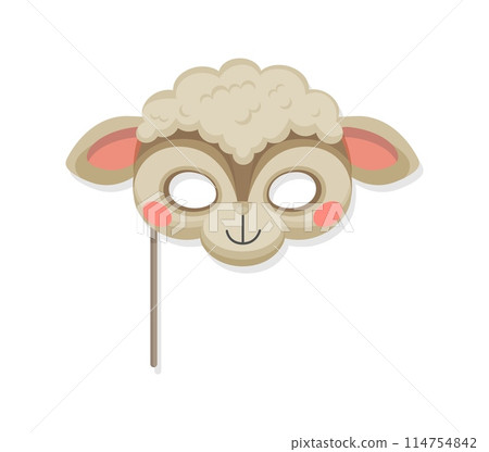 Sheep animal carnival party mask, vector costume of kids festival, birthday or Halloween holiday. Cartoon cute face of fluffy white sheep, farm animal mask on stick. Costume party photo booth prop Sheep animal carnival party mask, vector costume of kids festival, birthday or Halloween holiday. Cartoon cute face of fluffy white sheep, farm animal mask on stick. Costume party photo booth prop 114754842