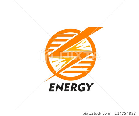 Electric energy icon of electricity lightning sign for power supplier company, vector emblem. Electric car charge station, energy provider service or power generation plant emblem of orange lightning 114754858