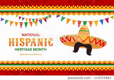 National Hispanic heritage month banner with ornament and sombrero hat, vector background. Latin America or Mexican culture, traditions and art banner with sombrero, mustaches and ethnic ornament National Hispanic heritage month banner with ornament and sombrero hat, vector background. Latin America or Mexican culture, traditions and art banner with sombrero, mustaches and ethnic ornament 114754863