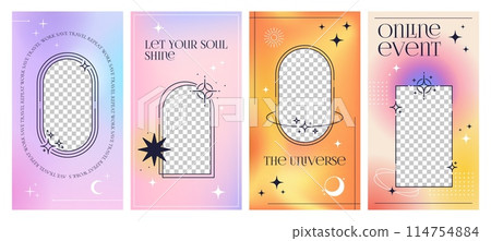 y2k gradient social media template. Modern aesthetic posters with vector line frames and abstract shapes on pastel gradient background. Minimal outline sun, moon, stars or sparkles social media covers y2k gradient social media template. Modern aesthetic posters with vector line frames and abstract shapes on pastel gradient background. Minimal outline sun, moon, stars or sparkles social media covers 114754884