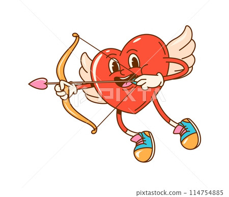 Cartoon groovy love cherub Cupid heart character shooting arrow with bow. Retro Amur angel vector personage hunting lonely hearts. Hippy psychedelic emoticon of romantic love or Valentines Day holiday Cartoon groovy love cherub Cupid heart character shooting arrow with bow. Retro Amur angel vector personage hunting lonely hearts. Hippy psychedelic emoticon of romantic love or Valentines Day holiday 114754885