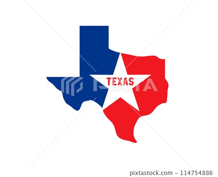 Texas state symbol, map icon with vector silhouette of Texas, red blue and white flag with star. USA country the lone state isolated badge for t-shirt print. Texas map badge in national flag colors 114754886