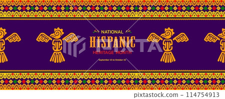 National Hispanic heritage month banner with Mayan or Aztec bird totem, vector ornament pattern. Latin Americans holiday of traditional Hispanic heritage of handicraft art, culture and traditions National Hispanic heritage month banner with Mayan or Aztec bird totem, vector ornament pattern. Latin Americans holiday of traditional Hispanic heritage of handicraft art, culture and traditions 114754913