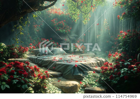 Surreal Red Roses and Resting Spot in Forest 114754969