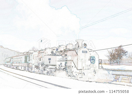 Pastel-toned "Steam Locomotive Winter Wetlands Hokkaido" illustration image 114755058