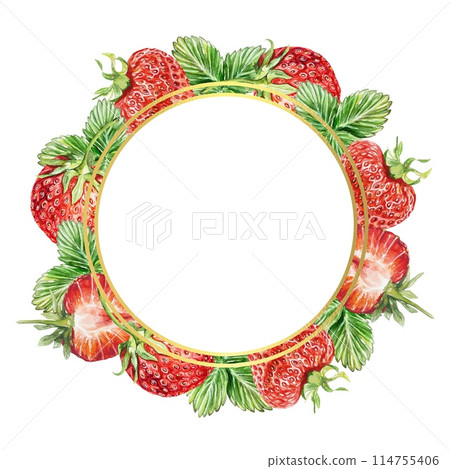 Strawberry. Wreath. Round gold frame. Berries, leaves, flowers. Watercolor illustration on white background. Juice, jam labels, packaging, cosmetics. 114755406