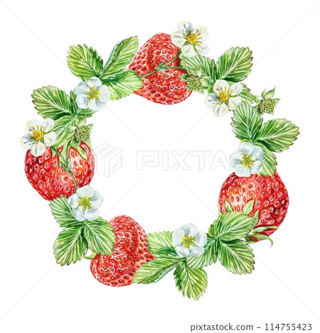 Strawberry wreath. Berries, leaves, flowers. Round frame. Watercolor illustration isolated on white background. Jam labels, packaging, cosmetics. Strawberry wreath. Berries, leaves, flowers. Round frame. Watercolor illustration isolated on white background. Jam labels, packaging, cosmetics. 114755423