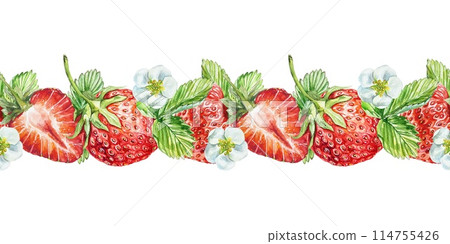 Strawberry. Berries, leaves, flowers. Seamless border. Watercolor illustration isolated on white background. Juice, jam labels, packaging, cosmetics. 114755426