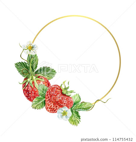 Strawberry wreath. Berries, leaves, flowers. Gold frame. Watercolor illustration isolated on white background. Juice, jam labels, packaging, cosmetics Strawberry wreath. Berries, leaves, flowers. Gold frame. Watercolor illustration isolated on white background. Juice, jam labels, packaging, cosmetics 114755432