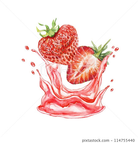 Strawberries, whole and half, splashes of juice. Watercolor illustration isolated on white background. Cards, labels, packaging, cosmetic products. Strawberries, whole and half, splashes of juice. Watercolor illustration isolated on white background. Cards, labels, packaging, cosmetic products. 114755440