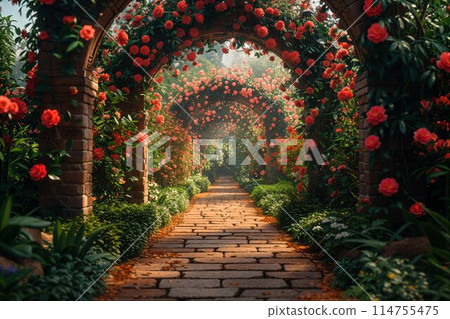 Vibrant floral archway in blooming garden Vibrant floral archway in blooming garden 114755475