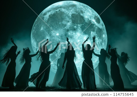 Group celebrating under a teal-toned full moon 114755645