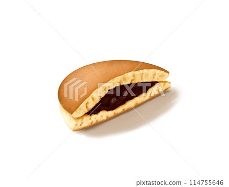 Dorayaki, a digital painting of Japanese pan cake with azuki red bean sweet pastry illustration isolated on white background. 114755646