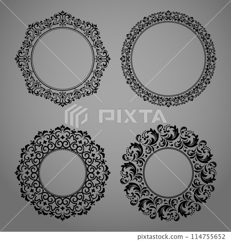 Set of decorative frames Elegant vector element for design in Eastern style, place for text. Floral black and gray borders. Lace illustration for invitations and greeting cards 114755652