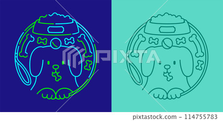 Dog eat snacks, food, ball and bone in circle frame shape by dog leash logo icon editable stroke dash line doodle design minimal illustration isolated 2 tones on dark blue and green color background Dog eat snacks, food, ball and bone in circle frame shape by dog leash logo icon editable stroke dash line doodle design minimal illustration isolated 2 tones on dark blue and green color background 114755783