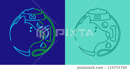 Pet shop logo Chiba dog, food, poo, ball and bone in circle frame shape by dog leash icon editable stroke dash line doodle design minimal illustration isolated 2 tones dark blue and green background Pet shop logo Chiba dog, food, poo, ball and bone in circle frame shape by dog leash icon editable stroke dash line doodle design minimal illustration isolated 2 tones dark blue and green background 114755784