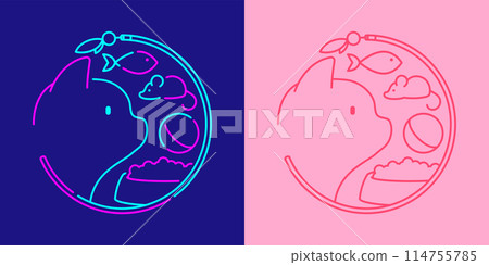 Pet shop logo Cat, food, fish, rat and  ball in circle frame shape by cat teaser wand icon editable stroke dash line doodle design minimal illustration isolated 2 tones dark blue and pink background 114755785