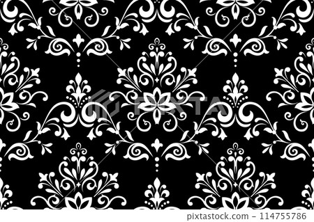 Wallpaper in the style of Baroque. Seamless vector background. White and black floral ornament. Graphic pattern for fabric, wallpaper, packaging. Ornate Damask flower ornament. 114755786