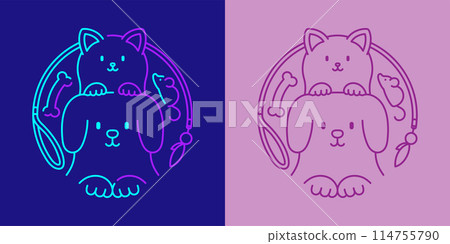 Pet shop logo dog and cat, bone, fish in circle frame shape by dog leash and cat teaser wand icon editable stroke dash line doodle design minimal illustration on dark blue and violet background 114755790