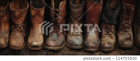 Old boots arranged in a line. 114755830