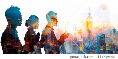 Double exposure of clapping businesspeople and cityscape. Credit: MageWave. 114756090