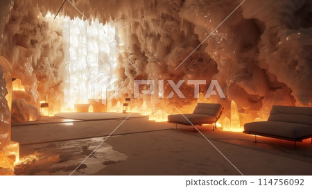 Illuminate wall-mounted salt crystals with warm artificial light for 3D integrity. 114756092