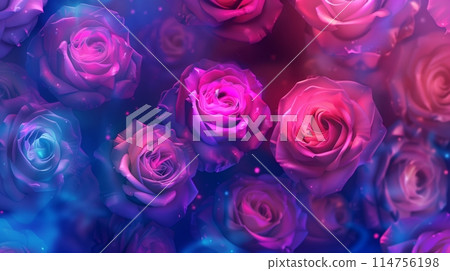 Neon-colored roses on a vibrant background, bursting with lively hues. Neon-colored roses on a vibrant background, bursting with lively hues. 114756198