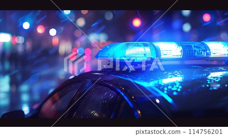 Close-up of police car's blue lights, high-resolution, sharp, and well-graded against a distant box. 114756201