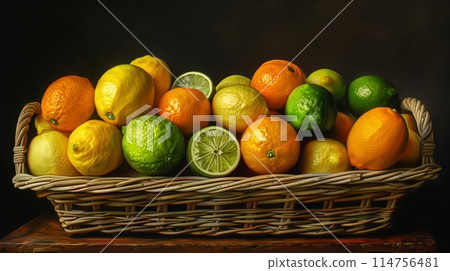 Vivid lemons, limes, and oranges in a basket, viewed from a unique tilted angle. 114756481