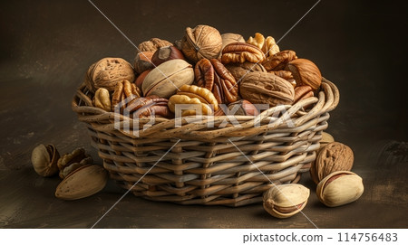 Mixed nuts in a basket - adjust view for a better look. 114756483