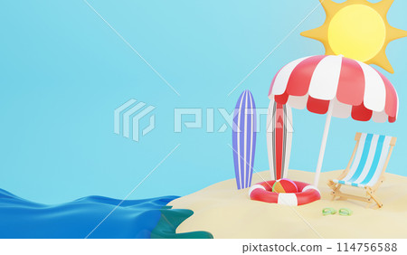 Summer time at the beach wallpaper, 3D render Summer and travel concept and copy space on blue background 114756588