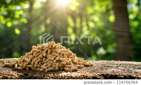 Biomass wood pellets showcased as green energy against a natural scene. 114756764