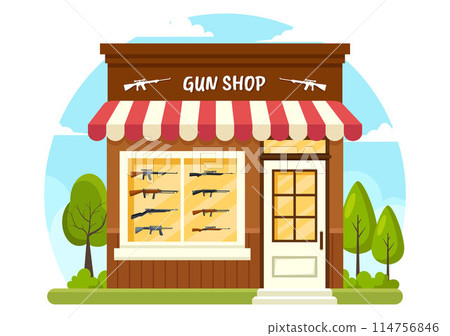 Gun Shop or Hunting Vector Illustration featuring a Rifle, Bullet, Weapon, and Hunting Equipment in a Flat Style Cartoon Background Design 114756846