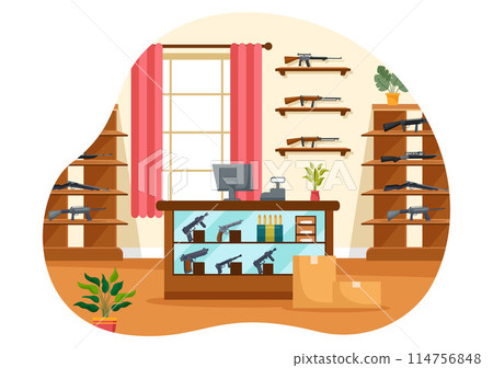 Gun Shop or Hunting Vector Illustration featuring a Rifle, Bullet, Weapon, and Hunting Equipment in a Flat Style Cartoon Background Design 114756848