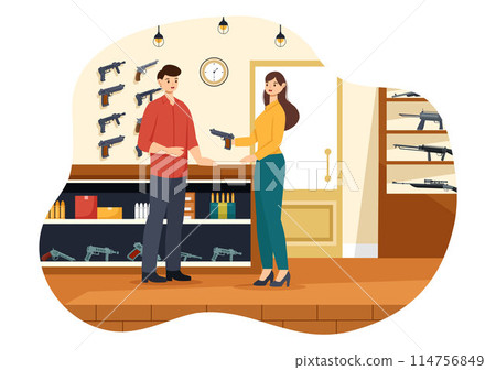 Gun Shop or Hunting Vector Illustration featuring a Rifle, Bullet, Weapon, and Hunting Equipment in a Flat Style Cartoon Background Design 114756849