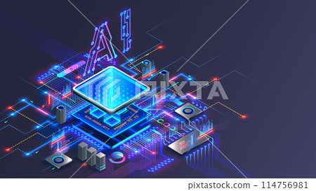 Processor with integration AI. AI Letters on chip. CPU connected to motherboard . Artificial intelligence technology in electronic chip on pcb board. Hardware tech conceptual background. 3d Vector. 114756981