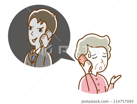 Illustration of an elderly woman troubled by nuisance calls. 114757095