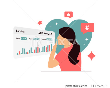 SMM analytics with engaging visuals and Influencer Marketing Statistics. Young girl influencer looks at stats, earnings graphs. Engagement rates and affiliate marketing strategy vector illustration SMM analytics with engaging visuals and Influencer Marketing Statistics. Young girl influencer looks at stats, earnings graphs. Engagement rates and affiliate marketing strategy vector illustration 114757498