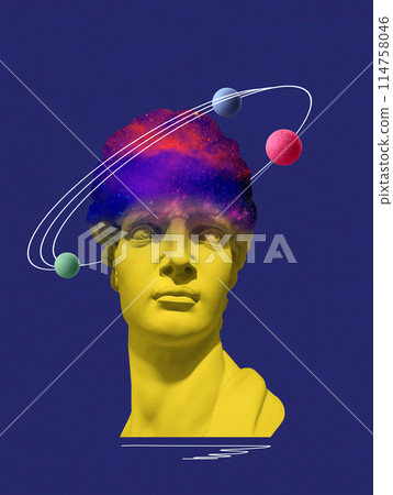 Contemporary art collage with antique statue head in a surreal style. Contemporary art poster. Design 114758046