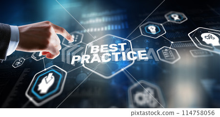 Best Practice concept with hand pressing icons. Businessman touching finger inscription 114758056