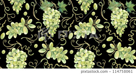 Green grapes, vine watercolor, seamless pattern. Hand drawn. For kitchen textile, fabric, design, packaging, wallpaper. Food illustration 114758061