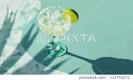 A refreshing isometric view of a margarita on the rocks with a lime wedge 114758272
