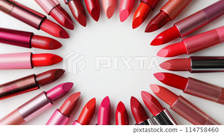 A collection of colorful lipsticks in various shades of red arranged in a circle 114758460